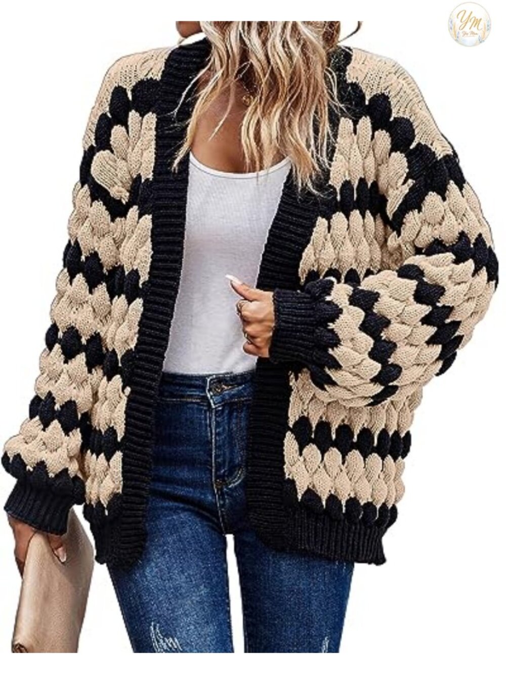 Women's Chunky Cable Knit Open Front Cardigan with Lantern Sleeves